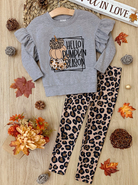 Mia Belle Girls Hello Pumpkin Season Pullover and Leopard Legging Set