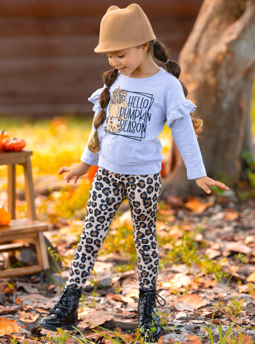 Mia Belle Girls Hello Pumpkin Season Pullover and Leopard Legging Set