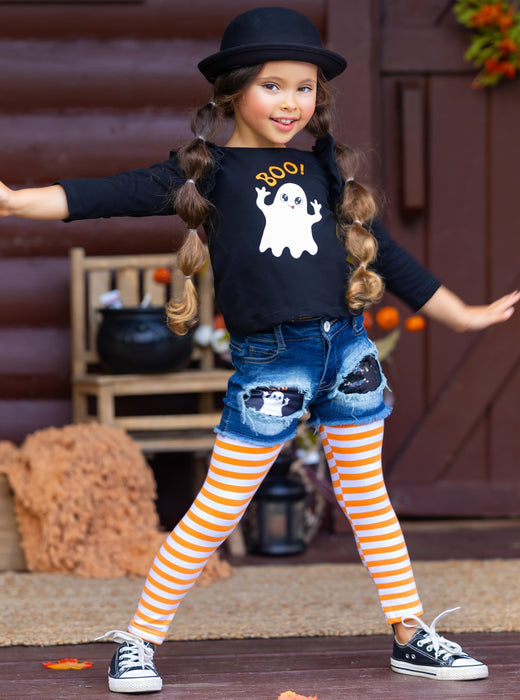 Mia Belle Girls All Boo'd Up Top, Patched Denim Shorts, and Legging Set