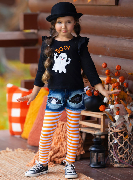 Mia Belle Girls All Boo'd Up Top, Patched Denim Shorts, and Legging Set