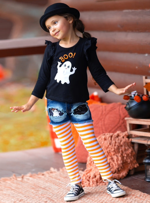 Mia Belle Girls All Boo'd Up Top, Patched Denim Shorts, and Legging Set