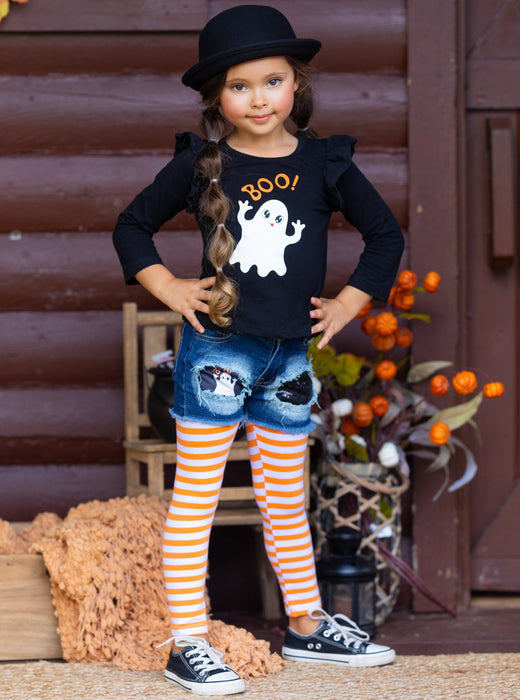 Mia Belle Girls All Boo'd Up Top, Patched Denim Shorts, and Legging Set