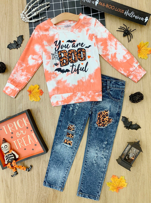 Mia Belle Girls You Are BOOtiful Tie Dye Pullover and Patched Jeans Set