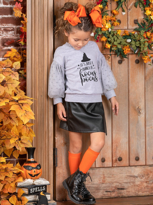 Mia Belle Girls Bunch Of Hocus Pocus Sweater and Vegan Leather Skirt Set