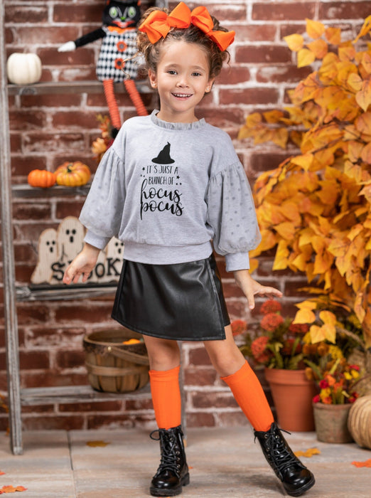 Mia Belle Girls Bunch Of Hocus Pocus Sweater and Vegan Leather Skirt Set