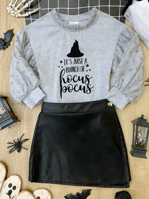 Mia Belle Girls Bunch Of Hocus Pocus Sweater and Vegan Leather Skirt Set