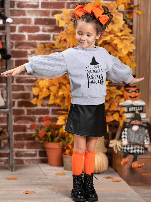 Mia Belle Girls Bunch Of Hocus Pocus Sweater and Vegan Leather Skirt Set