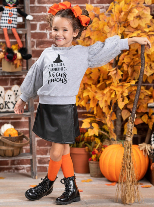 Mia Belle Girls Bunch Of Hocus Pocus Sweater and Vegan Leather Skirt Set