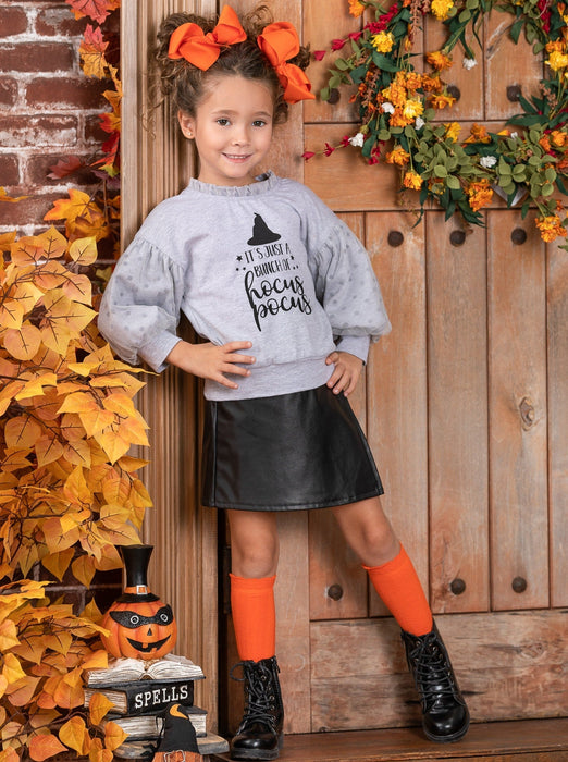 Mia Belle Girls Bunch Of Hocus Pocus Sweater and Vegan Leather Skirt Set