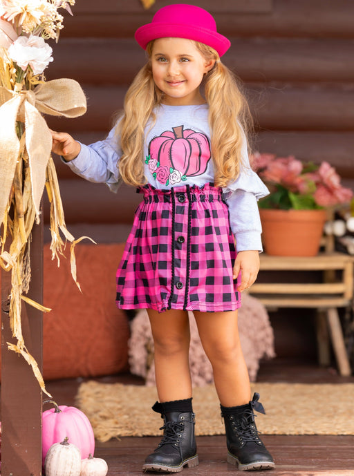 Mia Belle Girls Pumpkin Preppy Ruffle Top and Plaid Skirt Set