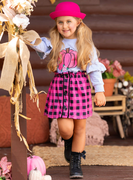 Mia Belle Girls Pumpkin Preppy Ruffle Top and Plaid Skirt Set