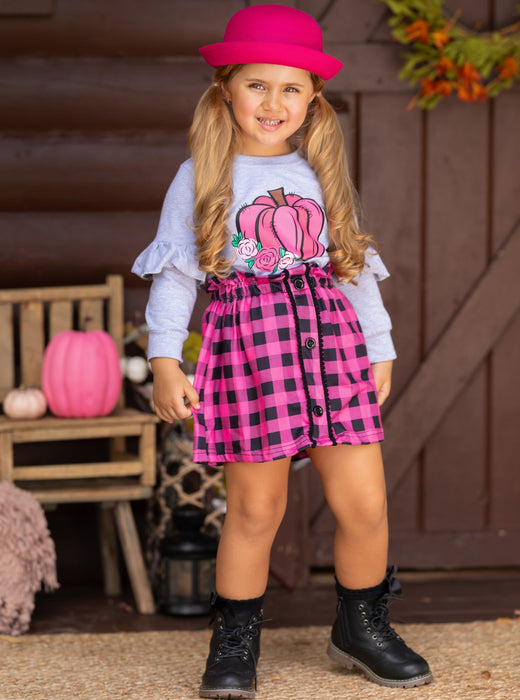 Mia Belle Girls Pumpkin Preppy Ruffle Top and Plaid Skirt Set