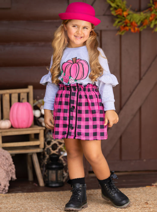 Mia Belle Girls Pumpkin Preppy Ruffle Top and Plaid Skirt Set