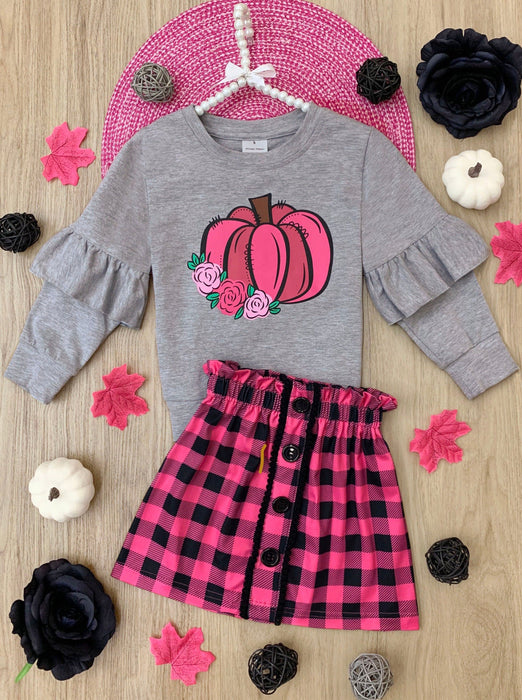 Mia Belle Girls Pumpkin Preppy Ruffle Top and Plaid Skirt Set