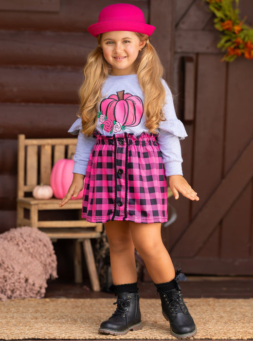 Mia Belle Girls Pumpkin Preppy Ruffle Top and Plaid Skirt Set