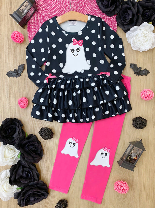 Mia Belle Girls Polka Dot Boos Ruffle Tunic and Legging Set