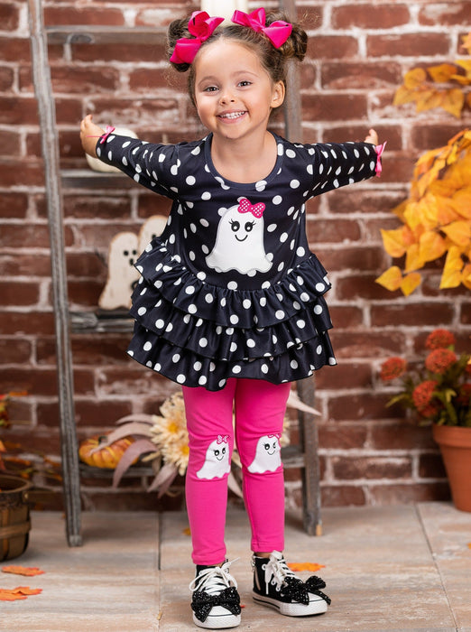 Mia Belle Girls Polka Dot Boos Ruffle Tunic and Legging Set