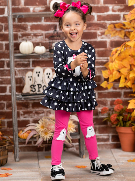 Mia Belle Girls Polka Dot Boos Ruffle Tunic and Legging Set