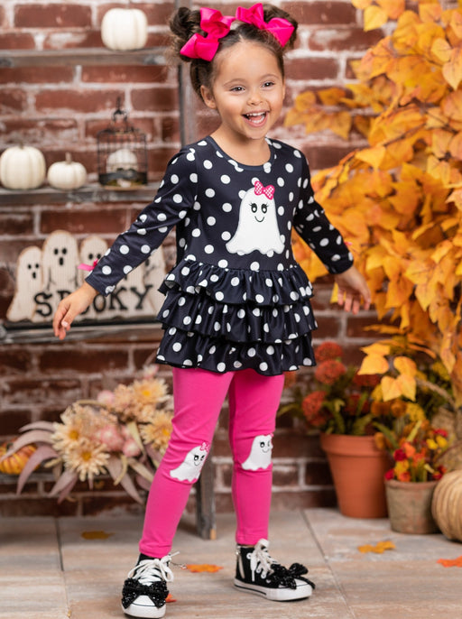 Mia Belle Girls Polka Dot Boos Ruffle Tunic and Legging Set