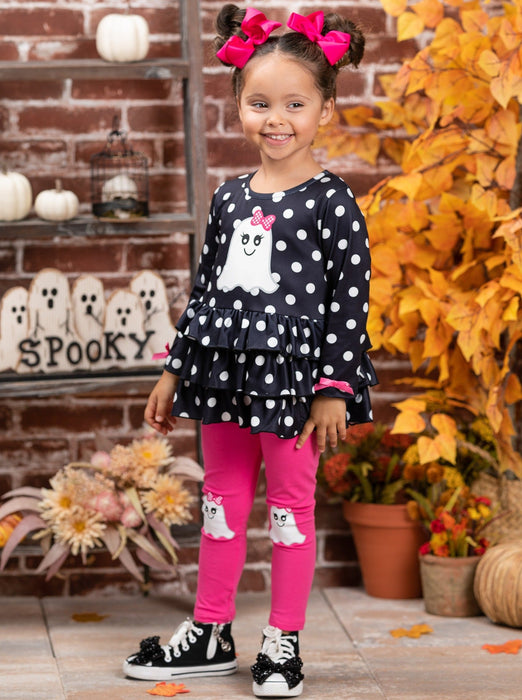 Mia Belle Girls Polka Dot Boos Ruffle Tunic and Legging Set