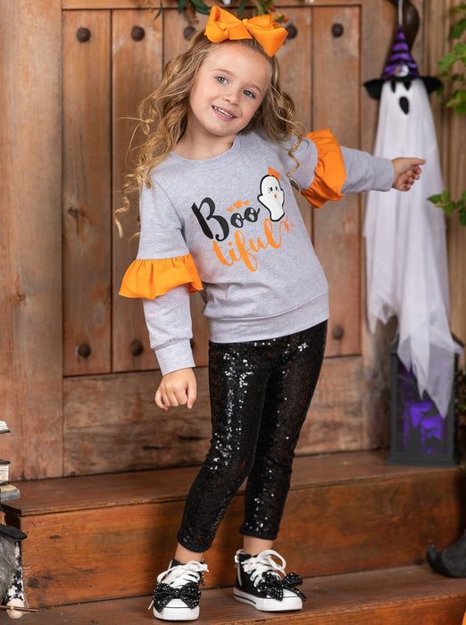 Mia Belle Girls Boo-tiful Ruffle Sleeve Sweater and Sequin Legging Set