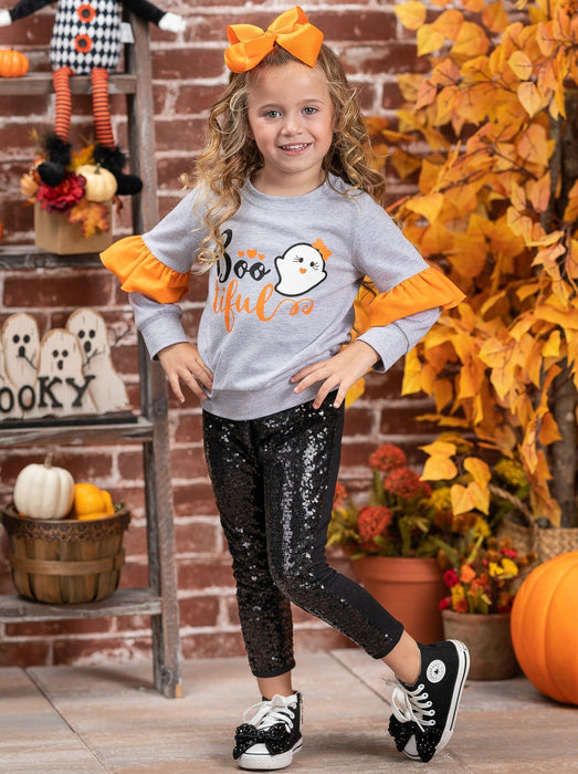 Mia Belle Girls Boo-tiful Ruffle Sleeve Sweater and Sequin Legging Set