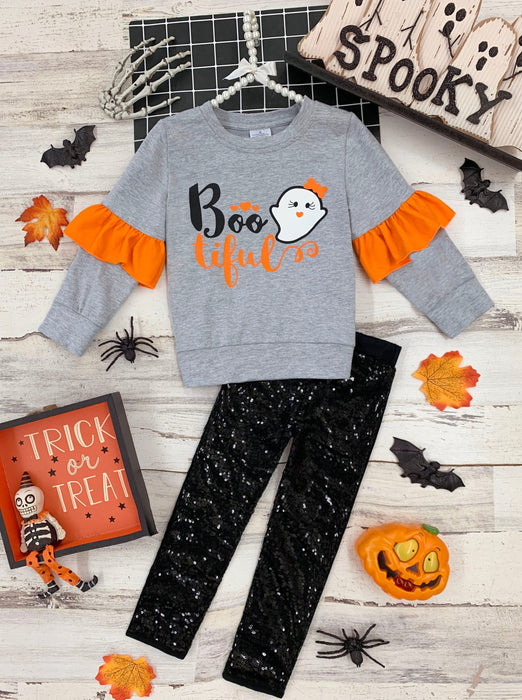 Mia Belle Girls Boo-tiful Ruffle Sleeve Sweater and Sequin Legging Set