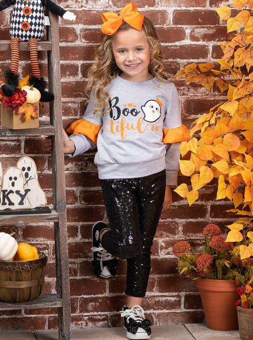 Mia Belle Girls Boo-tiful Ruffle Sleeve Sweater and Sequin Legging Set