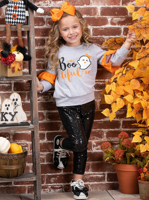 Mia Belle Girls Boo-tiful Ruffle Sleeve Sweater and Sequin Legging Set