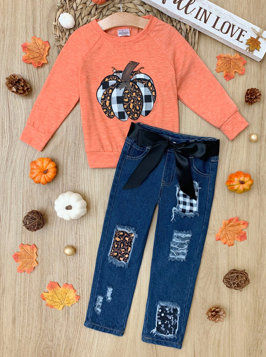 Mia Belle Girls Aww, Pumpkin Pullover and Patched Jeans Set