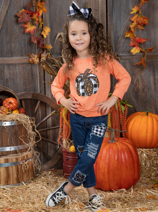 Mia Belle Girls Aww, Pumpkin Pullover and Patched Jeans Set