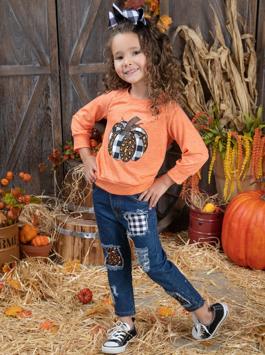 Mia Belle Girls Aww, Pumpkin Pullover and Patched Jeans Set