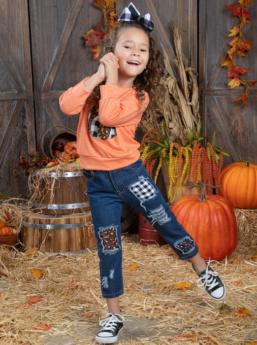 Mia Belle Girls Aww, Pumpkin Pullover and Patched Jeans Set