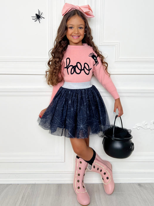 Mia Belle Girls Halloween Boo Top and Spider Tutu Skirt Set