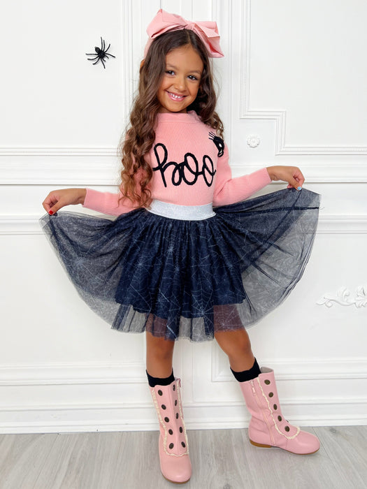 Mia Belle Girls Halloween Boo Top and Spider Tutu Skirt Set