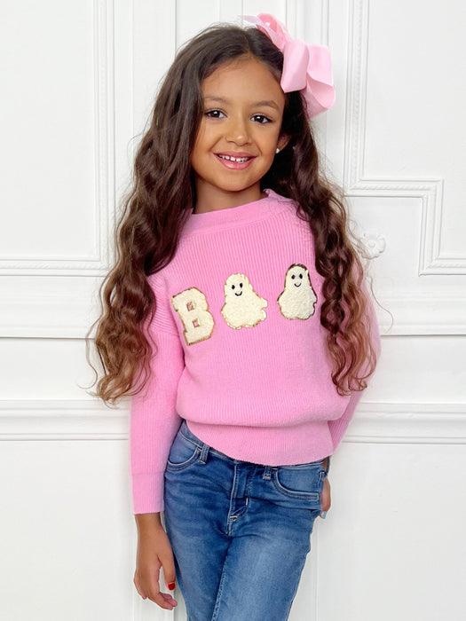 Mia Belle Girls Pink Boo Ghost Halloween Sweater