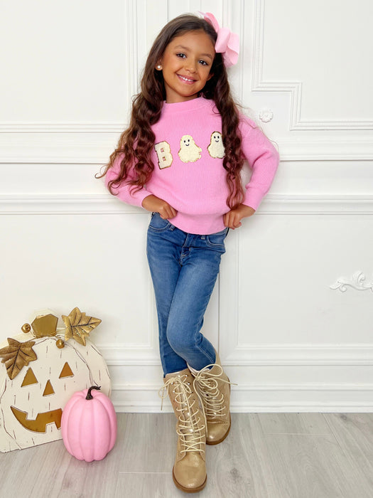 Mia Belle Girls Pink Boo Ghost Halloween Sweater