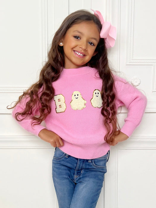 Mia Belle Girls Pink Boo Ghost Halloween Sweater