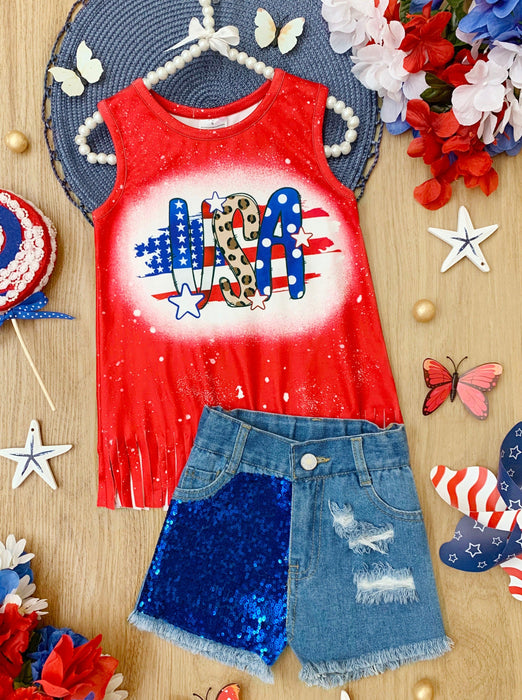 Mia Belle Girls USA Sparkle Sequin Denim Shorts Set