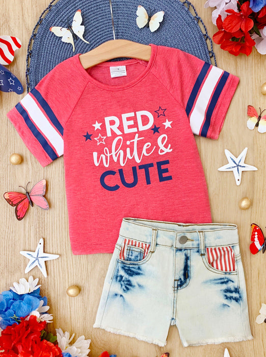 Mia Belle Girls Red, White, and Cute Denim Shorts Set