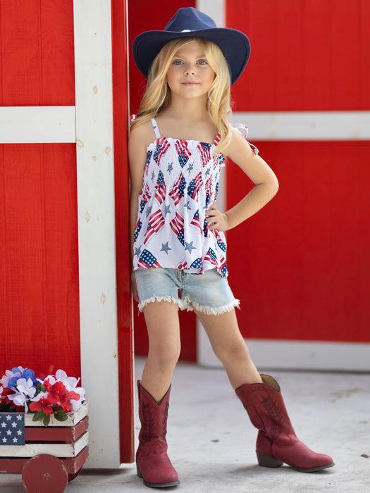 Mia Belle Girls Miss Liberty Smocked Tie Shoulder Top and Denim Short Set