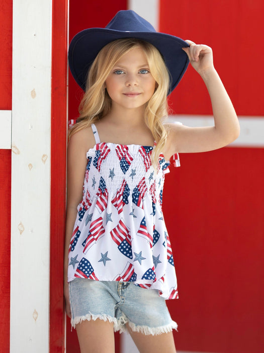 Mia Belle Girls Miss Liberty Smocked Tie Shoulder Top and Denim Short Set