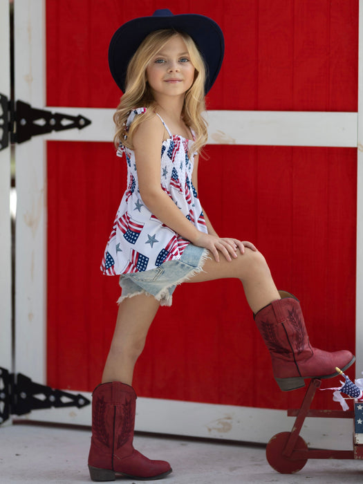 Mia Belle Girls Miss Liberty Smocked Tie Shoulder Top and Denim Short Set