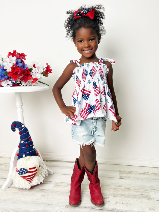 Mia Belle Girls Miss Liberty Smocked Tie Shoulder Top and Denim Short Set