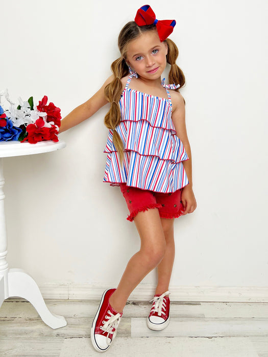 Mia Belle Girls Free To Be Me Striped Top and Frayed Denim Shorts Set