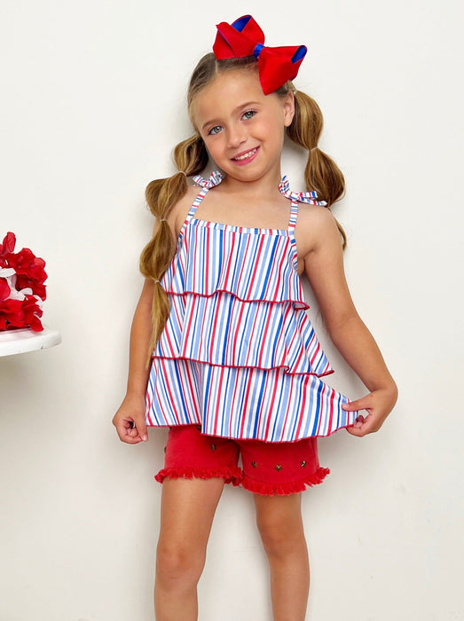 Mia Belle Girls Free To Be Me Striped Top and Frayed Denim Shorts Set