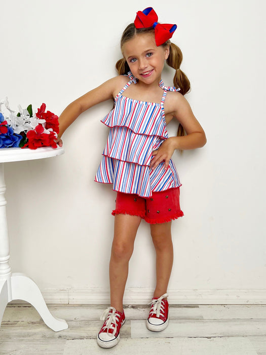 Mia Belle Girls Free To Be Me Striped Top and Frayed Denim Shorts Set