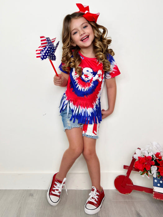 Mia Belle Girls USA Fringe Top and Flag Denim Short Set