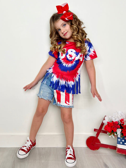 Mia Belle Girls USA Fringe Top and Flag Denim Short Set