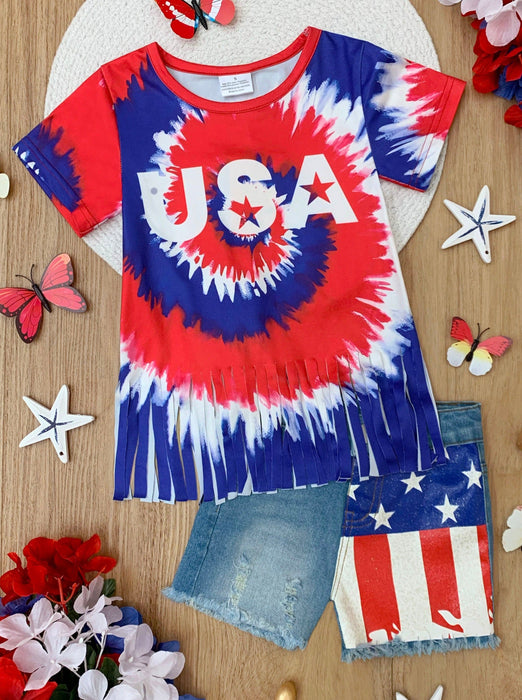 Mia Belle Girls USA Fringe Top and Flag Denim Short Set